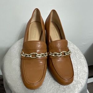 Antonio Melani Leather Block Heel Loafers Cognac Size 9M (B1)&